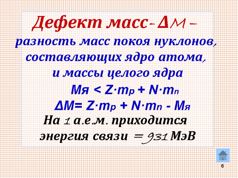 6 Дефект масс- ΔM –  разность масс покоя нуклонов,  составляющих ядро атома,